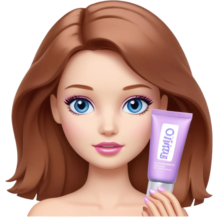Barbie girl Chestnut Shoulder-length hair and blue eyes is In pale purple smears by hand cosmetic cream on her face emoji