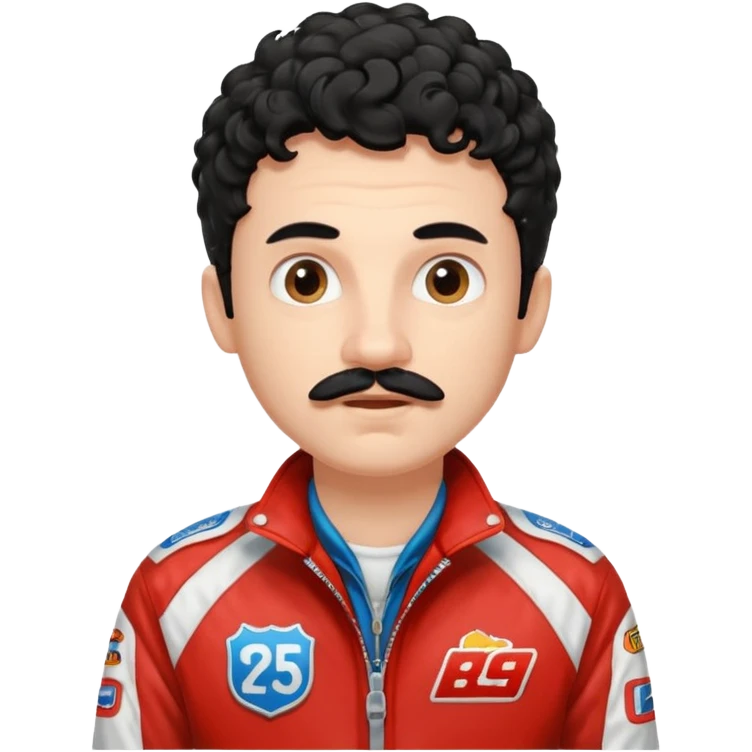 White Boy with curly black hair and a scruffy mustache wearing a race car jacket modern looking into the camera with amazement  emoji
