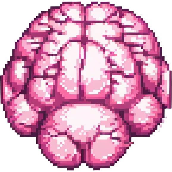 Make this pink melting brain icon more 3D with enhanced depth, shading, and highlights. Keep it fully front facing with pixel art accents. Background transparent. emoji