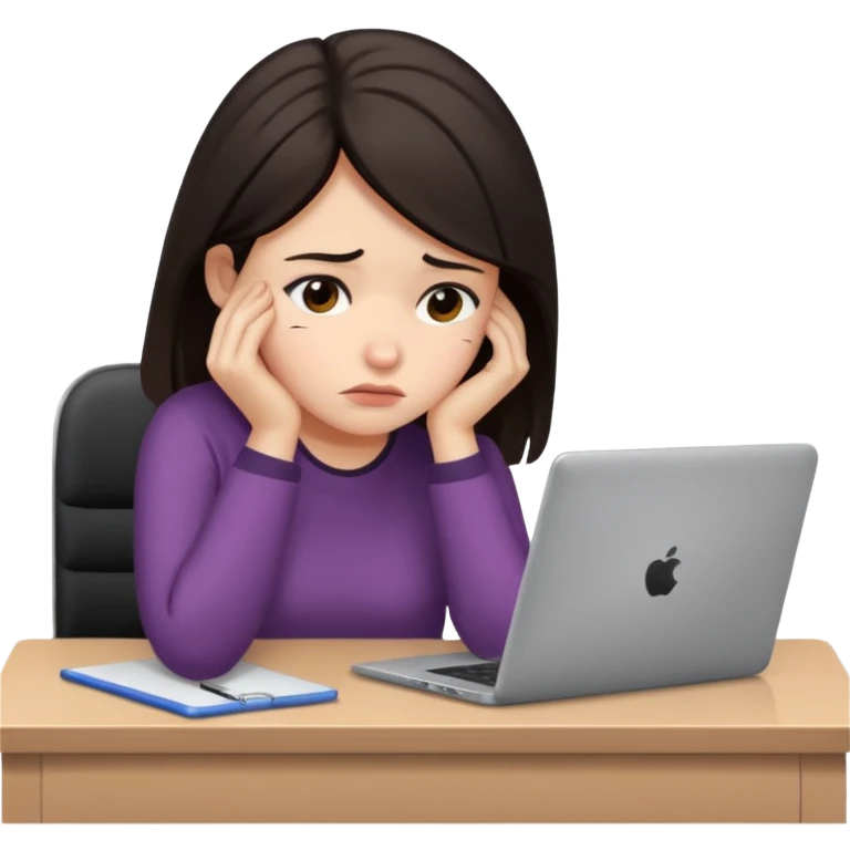  iOS emoji style - An sad and overwhelmed woman sitting at a desk with a laptop - She has dark hair. emoji