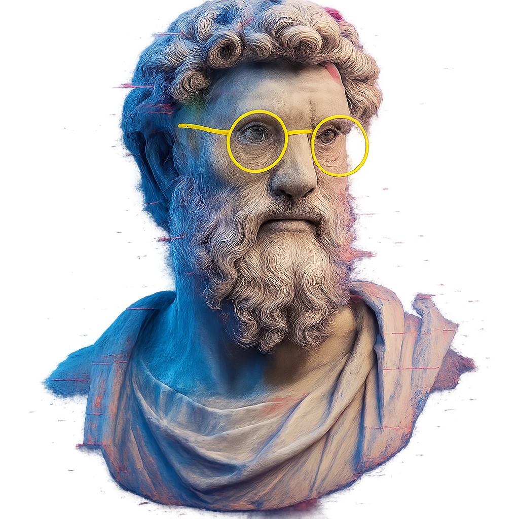 Greek marble bust, curly hair and beard, neon yellow round glasses, digital glitch effects, cyberpunk futuristic, centered, ultra-detailed, soft shadows, clean edges, transparent background emoji