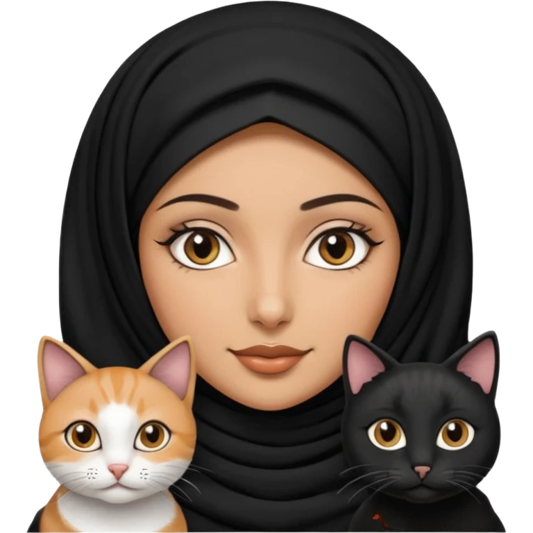 A Arabic woman human with brown eyes and black hijab. , two cats, the both cats have the colour black and white in the same colour,   emoji