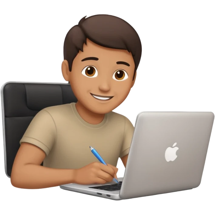 man looking at laptop and writing and smiling emoji