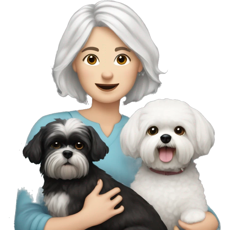 White women with short grey hair holding two dogs one black shih tzu and one white bichon frise emoji