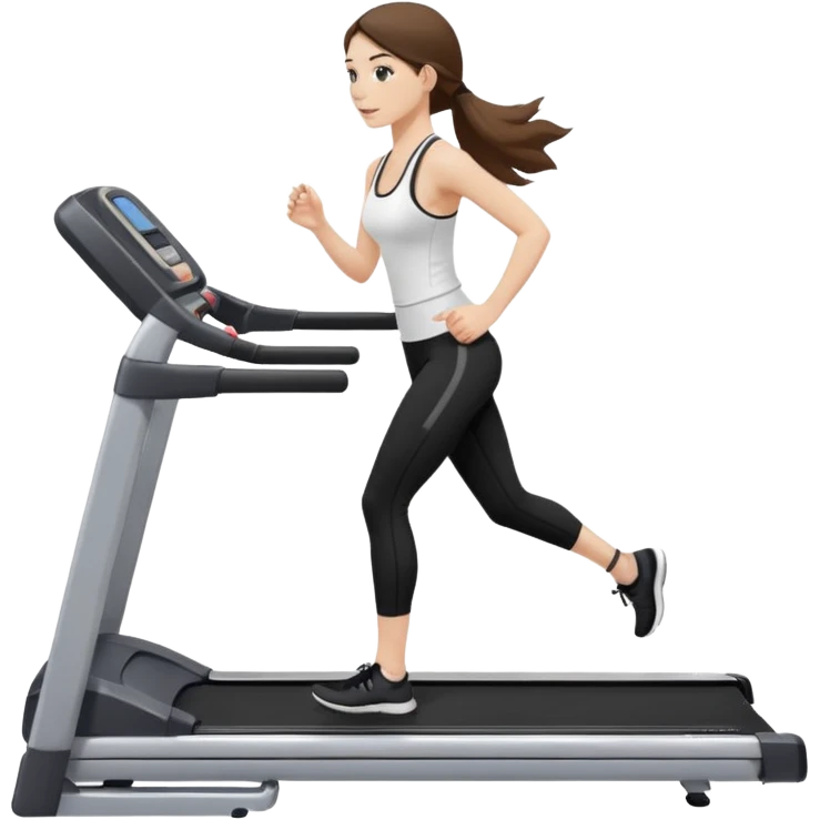 белокожая девушка на беговой дорожке, с правильной анатомией, брюнетка с длинными волосами, в белом топе на тонких лямках и в черных лосинах emoji