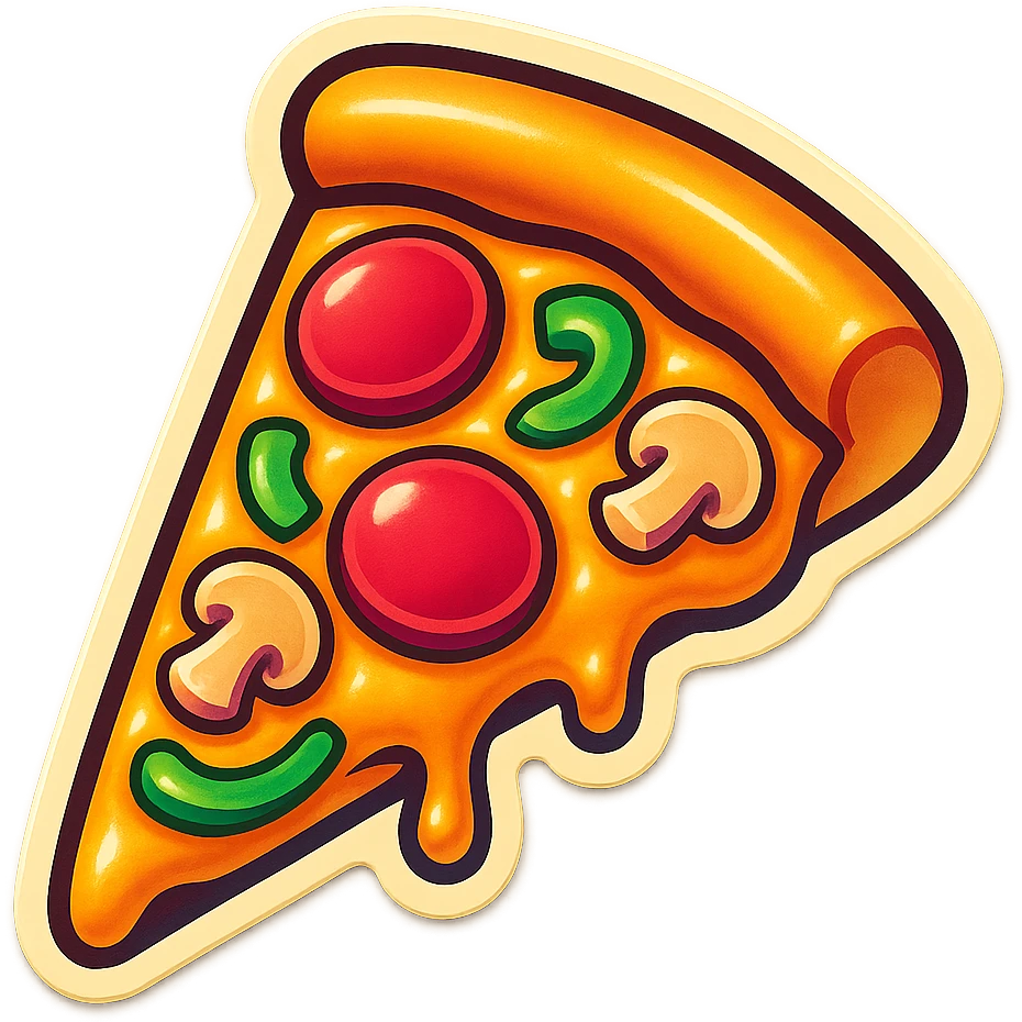 A pizza slice in retro stickers style, with colorful toppings and a playful design emoji