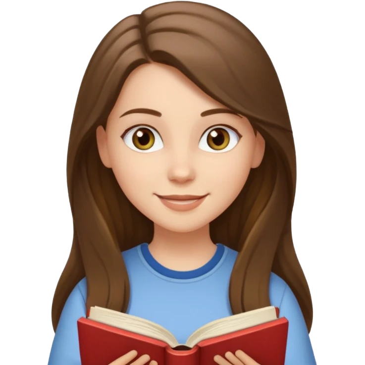 happy white long brunette hair girl with hazel eyes wearing light reading a book  emoji