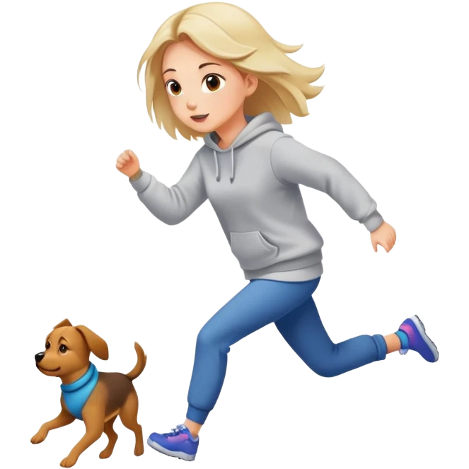 A beautiful girl with fair skin chases a dog in a sweatshirt emoji
