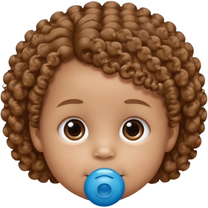 A baby with light brown skin, curly light-brown hair, wide brown eyes, and a blue pacifier. emoji