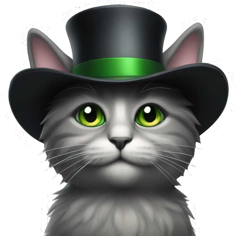 Black and grey fluffy cat green eyes with top hat  emoji