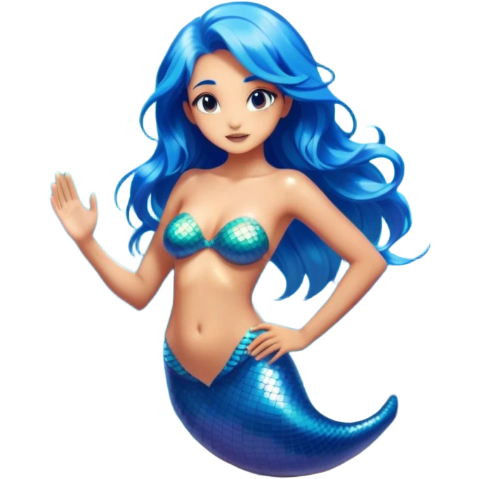 Cinematic Realistic Blue Hair Mermaid Portrait, depicted with lifelike, sun-kissed tanned skin that exudes a warm, radiant glow under gentle underwater lighting. Her intricately detailed, flowing blue hair cascades like a waterfall of ocean hues, framing deep, mesmerizing eyes that capture the vibrant spirit of the sea. Adorned with a shimmering tail and delicate tropical accents, the portrait features an enchanting underwater glow that blends realism with mythic coastal allure. emoji