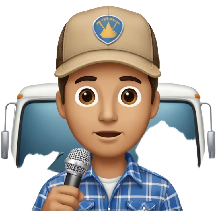 driver of a truck in front of a truck speaking to a microphone interview emoji