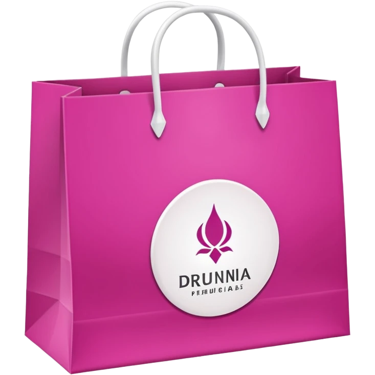 bolsa de papel fucsia con asas blancas y en el centro de la bolsa el logo de druni perfumerias en color blanco emoji
