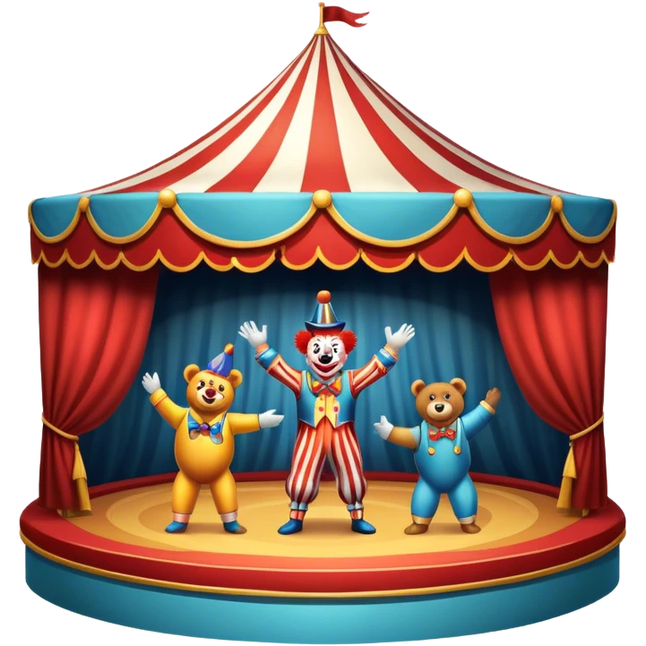 Professional icon for Circus Arts: a dynamic circus stage with acrobats in mid-performance, a clown and trained performing bears. The icon should convey the skill and excitement of the circus, with precise details on costumes, props, and the arena setting. Transparent background. emoji