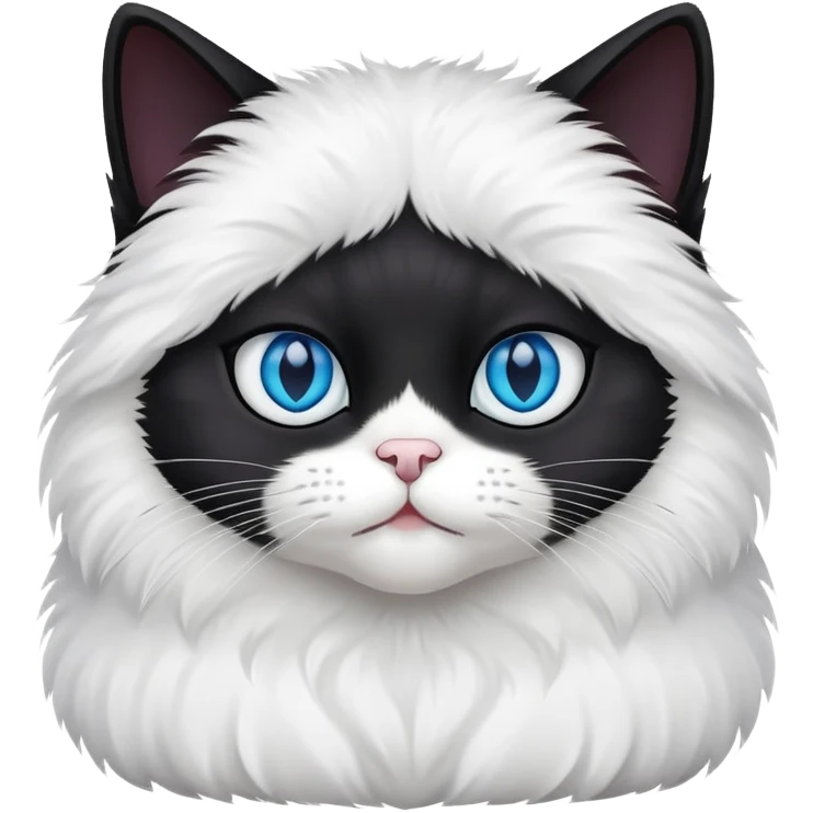 black cat with blue eyes, fluffy, white chest and white face emoji