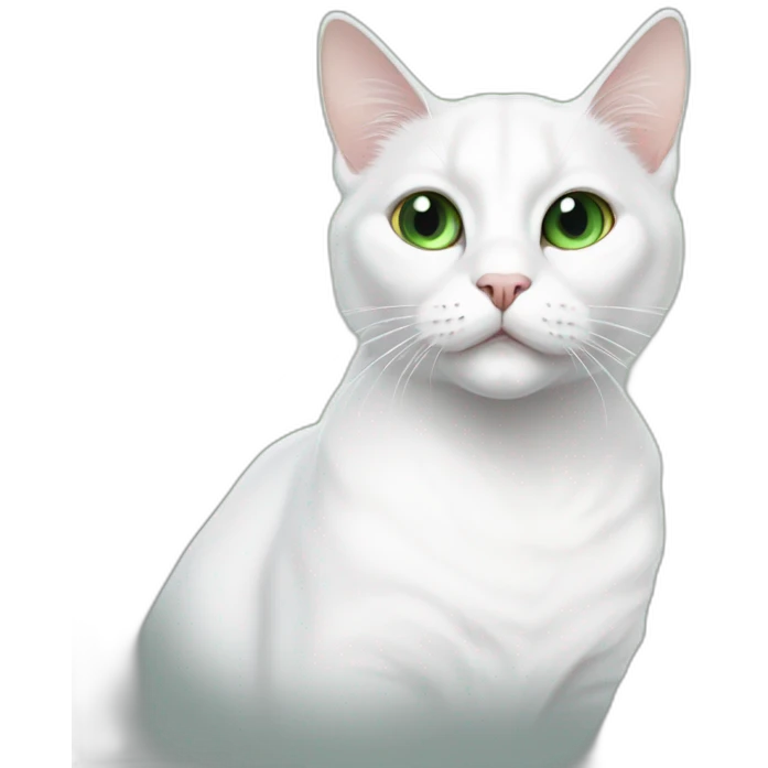 white cat with a large black spot on the top of the head with a white teat in the middle of the spot, with green eyes emoji