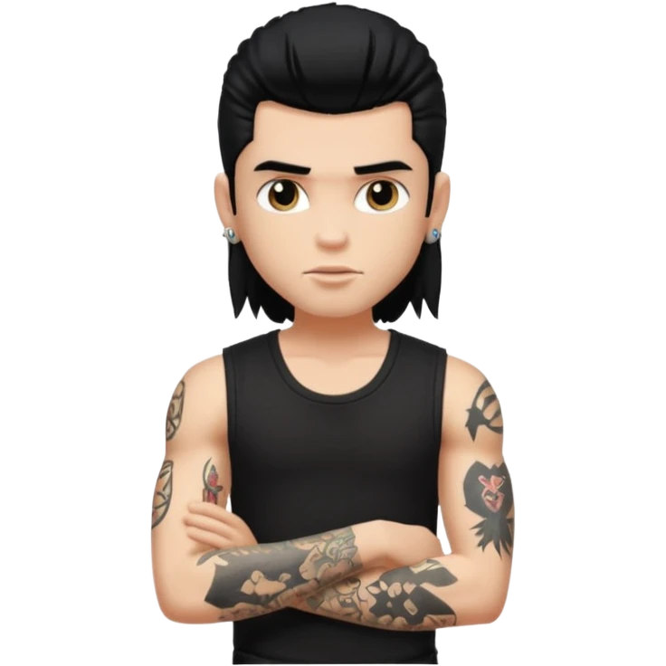 a pretty bratz guy with a black mullet and a sleeveless black top with tattoos on arm emoji