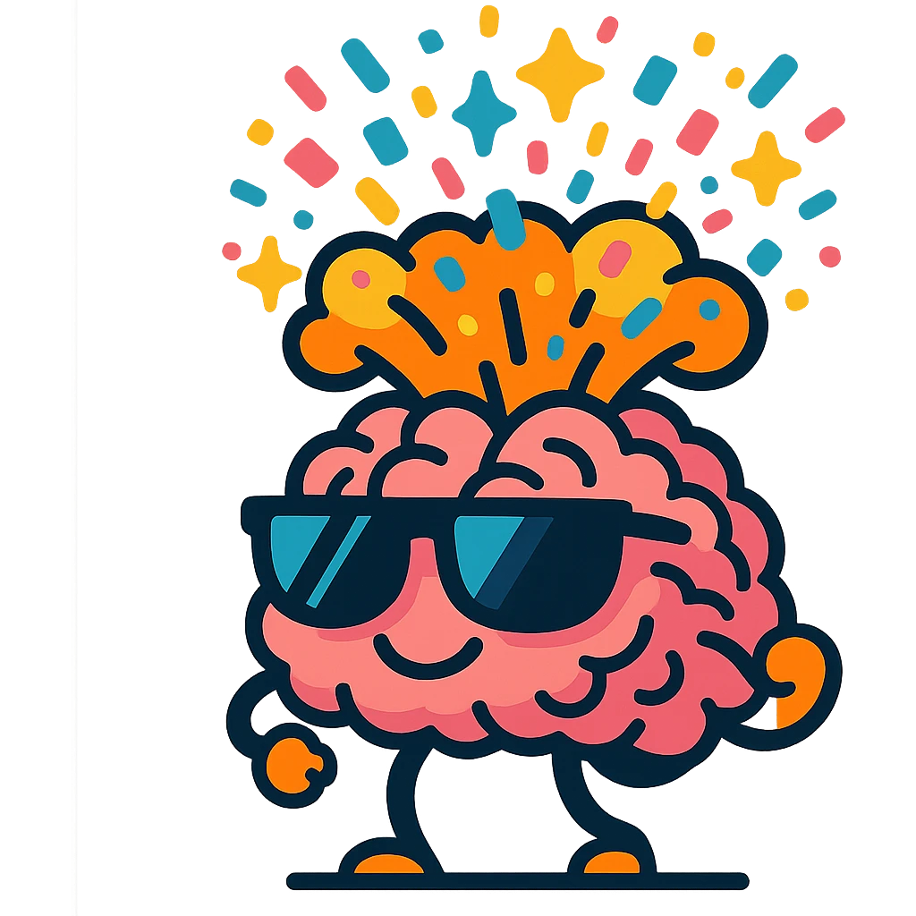 brain character in shades, upper part exploding in a cloud of confetti and sparkles emoji