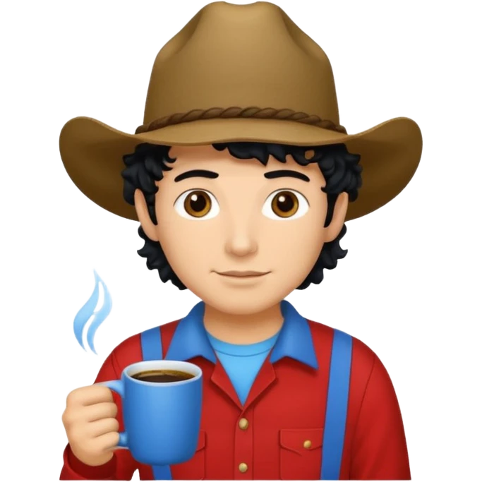 Ranch hand with blue hat and coffee mug, curly black hair, red shirt emoji