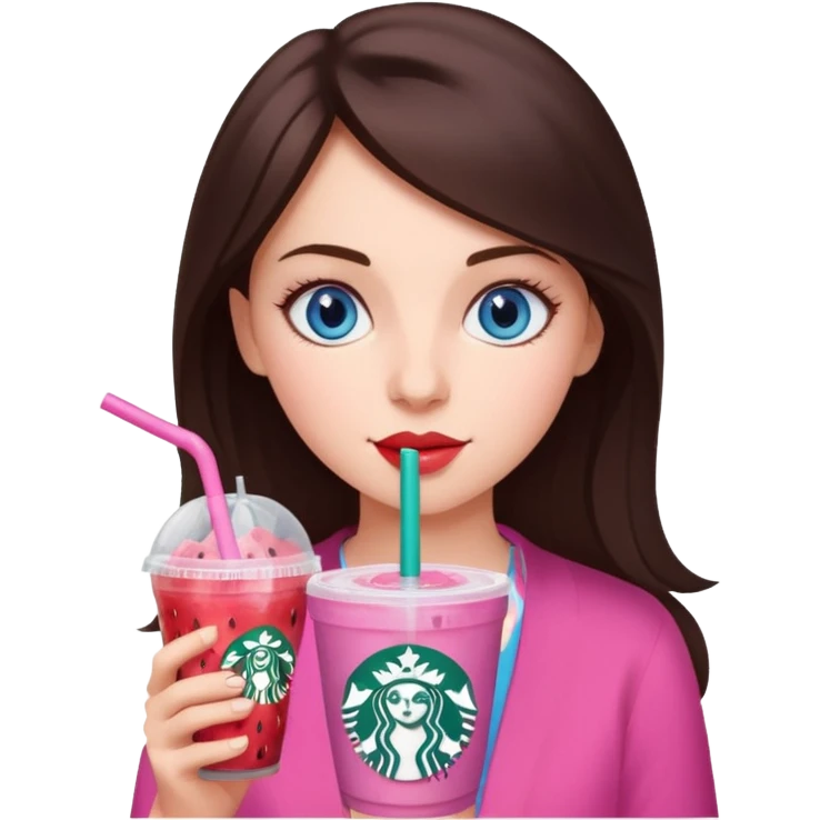 make an emoji of a brunette blue eye girl wearing pink drinking a strawberry acai refresher from starbucks emoji