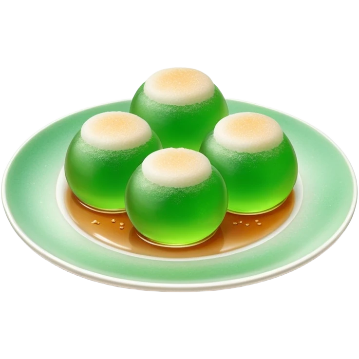 four green spherical warabi mochi on the plate emoji
