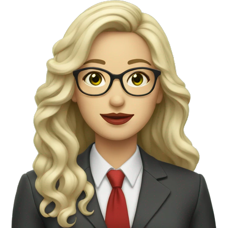 teacher wiht green eyes, long wavy hair, red lips , white glasses emoji