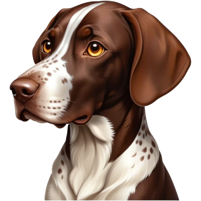 Cinematic German Pointer Portrait Emoji, Elegant and alert, sleek brown and white tones, Simplified yet sharp features, highly detailed, glowing with a warm, confident glow, high shine, intelligent and poised, stylized with an air of grace, focused and attentive, soft glowing outline, capturing the essence of agility and loyalty, so lifelike it feels as though it could spring into motion at any moment! emoji