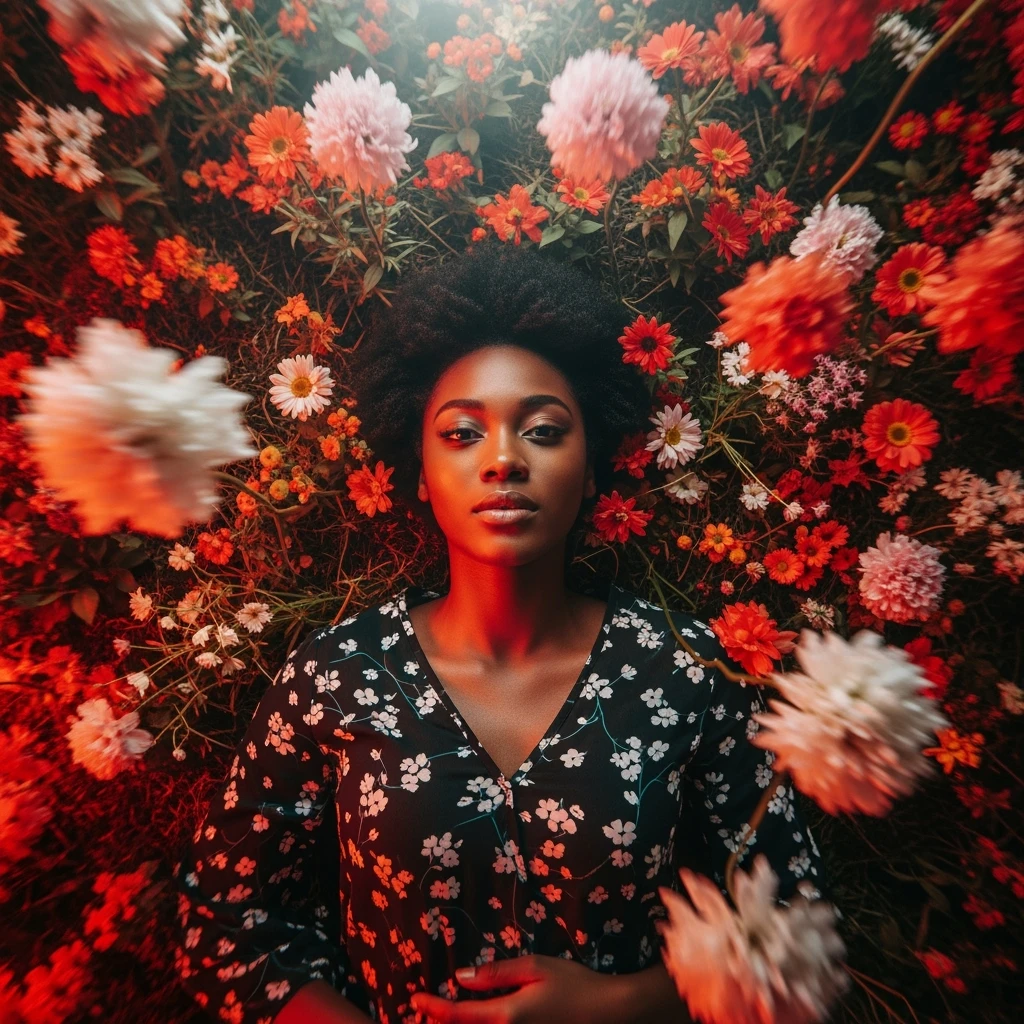 Camera drom top, Motion blur Extreme Closeup photo of a beautifull woman lay around beautifull colorfull flowers, cinematic light, 8K, very detailed, sharp, depth (foreground, midground, background) Spotlight, dark environemnt emoji