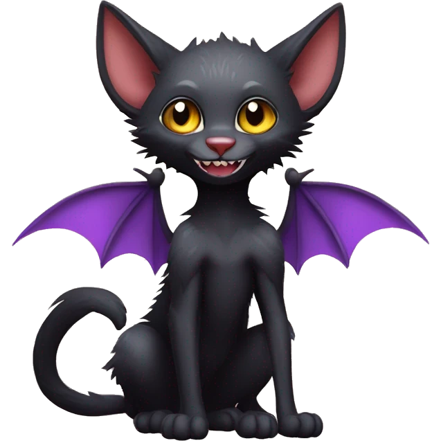 Black vampiric magical Lykoi Cat-Fakémon with big fangs and bat wings on head and bat wings on back full body emoji
