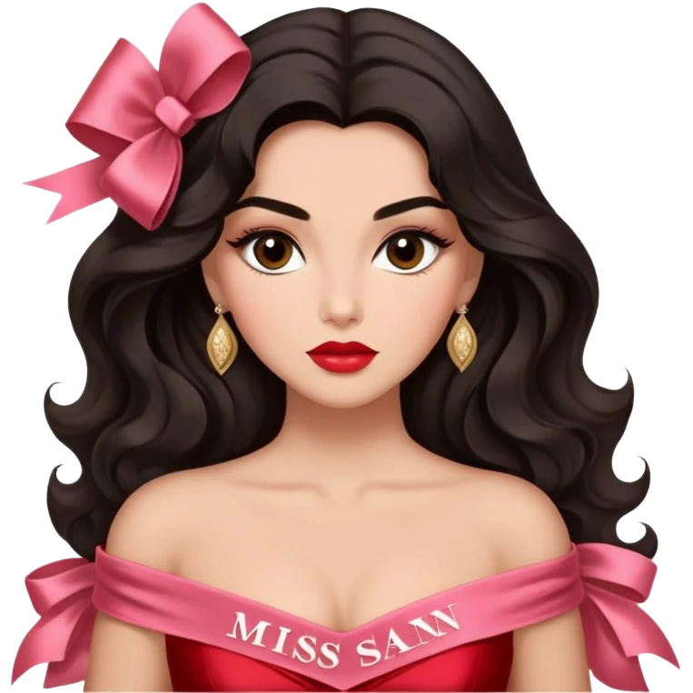 A woman with almond-toned skin, dark voluminous hair in waves, expressive eyes with soft lashes and shimmer, full lips with a glossy nude-pink color, wearing a red dress and a white sash with “Miss San Juan” in black letters, exuding elegance and confidence. emoji