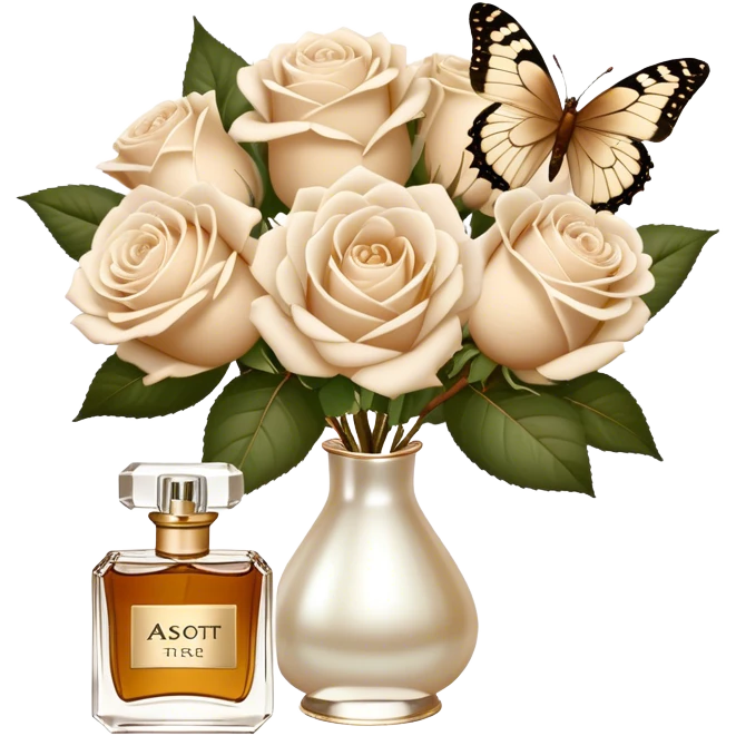 A bouquet of white Ascott tea roses next to a beige aesthetic and a brown beautiful butterfly and a gold silk ribbon and a beautiful flacon of aesthetically pleasing vintage-style perfume in pearl color emoji
