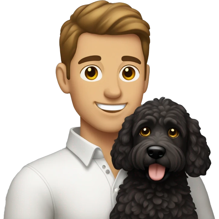 clean-shaven straight-haired brunette man holding black labradoodle emoji