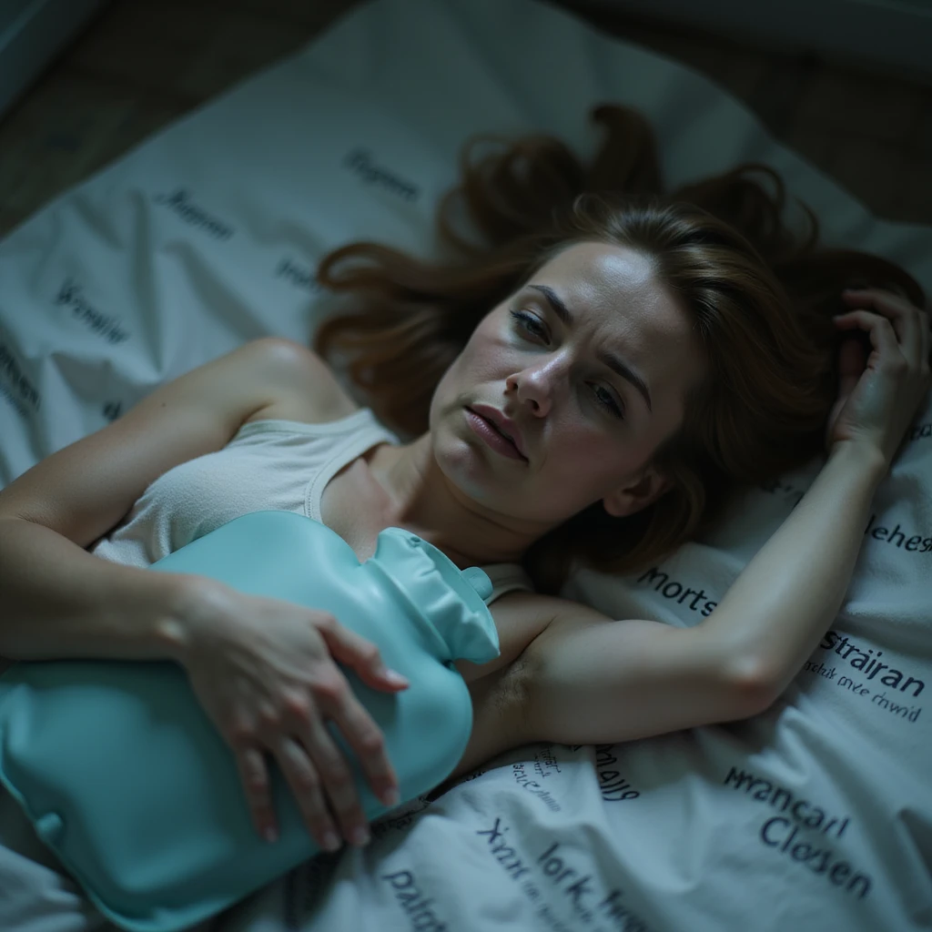 hyperrealistic 4K close-up of a woman lying on the bathroom floor, holding a hot water bottle, exhausted look, very pale skin, deep dark circles, medical reports with 'Crohn' prominently in the background emoji
