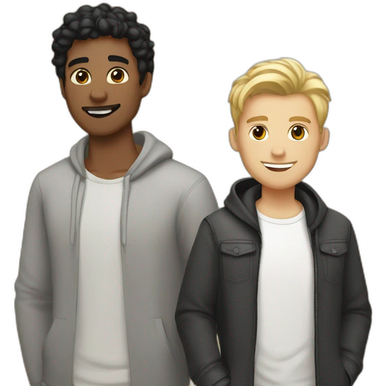 Gay couple, 1 guy Latino black straight black hair and 1 Australian white guy with blonde slightly curly hair holding a cat emoji
