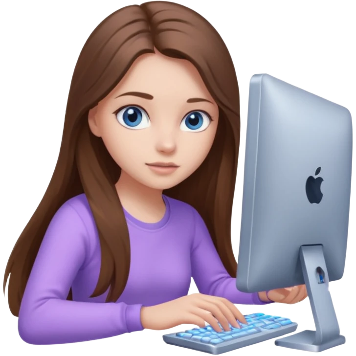 beautiful girl with long brown hair, blue eyes and wearing light purple clothes playing computer games emoji