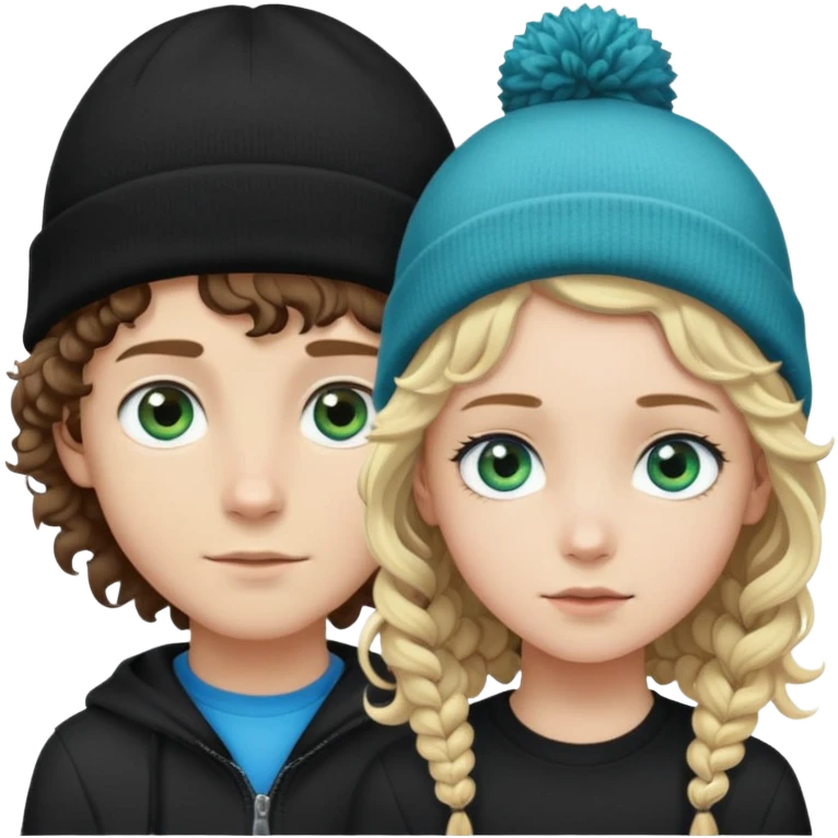 Pale, blue eyed boy, with curly long brown hair and a black beanie on and a short straight haired blonde girl with blue and green eyes emoji
