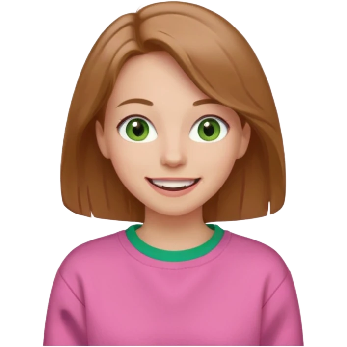  Una donna con una felpa semplice rosa, senza cappuccio. i capelli sono lunghi fino alle spalle marroni chiaro,gli occhi sono verdi e la bocca è contenta  emoji