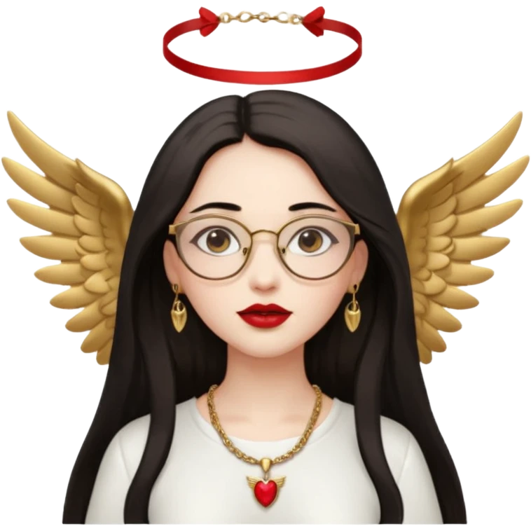 Angel girl with eyeglasses and long dark hair with red lipstick  and push gold necklaces and dark eyes with withe wings emoji