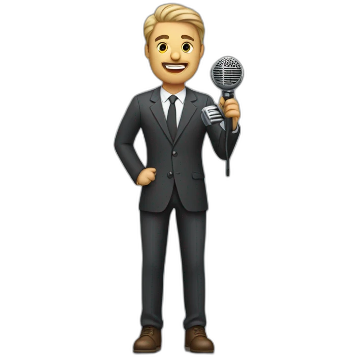 white journalist standing confidently while holding a microphone. The journalist should be in professional attire emoji