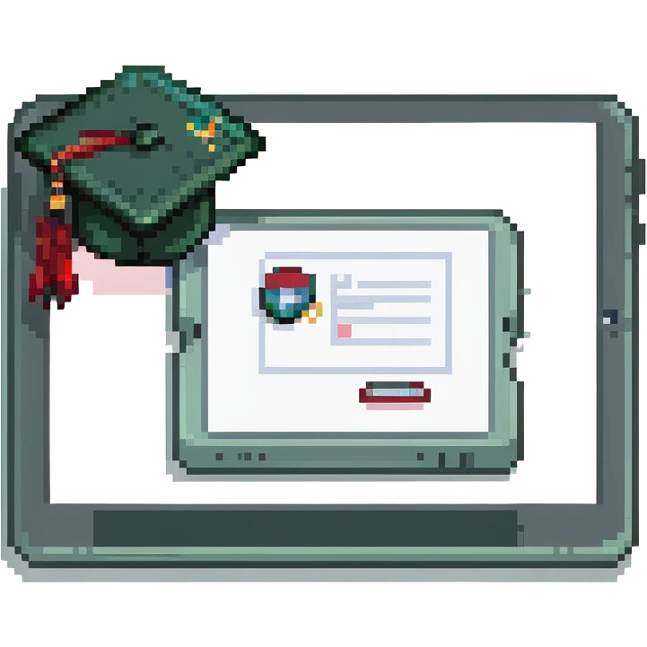 a graduation cap and diploma next to a tablet displaying an online course, pixel art style emoji
