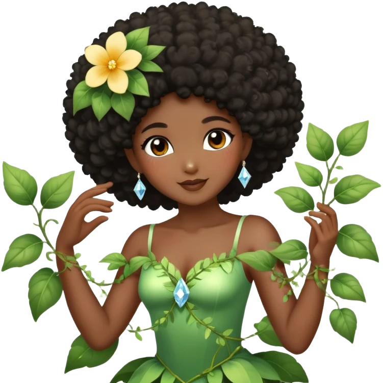 Dreamy diamond nature fairy with brown eyes Afro black hair dark skin touching a flower vine dancing emoji