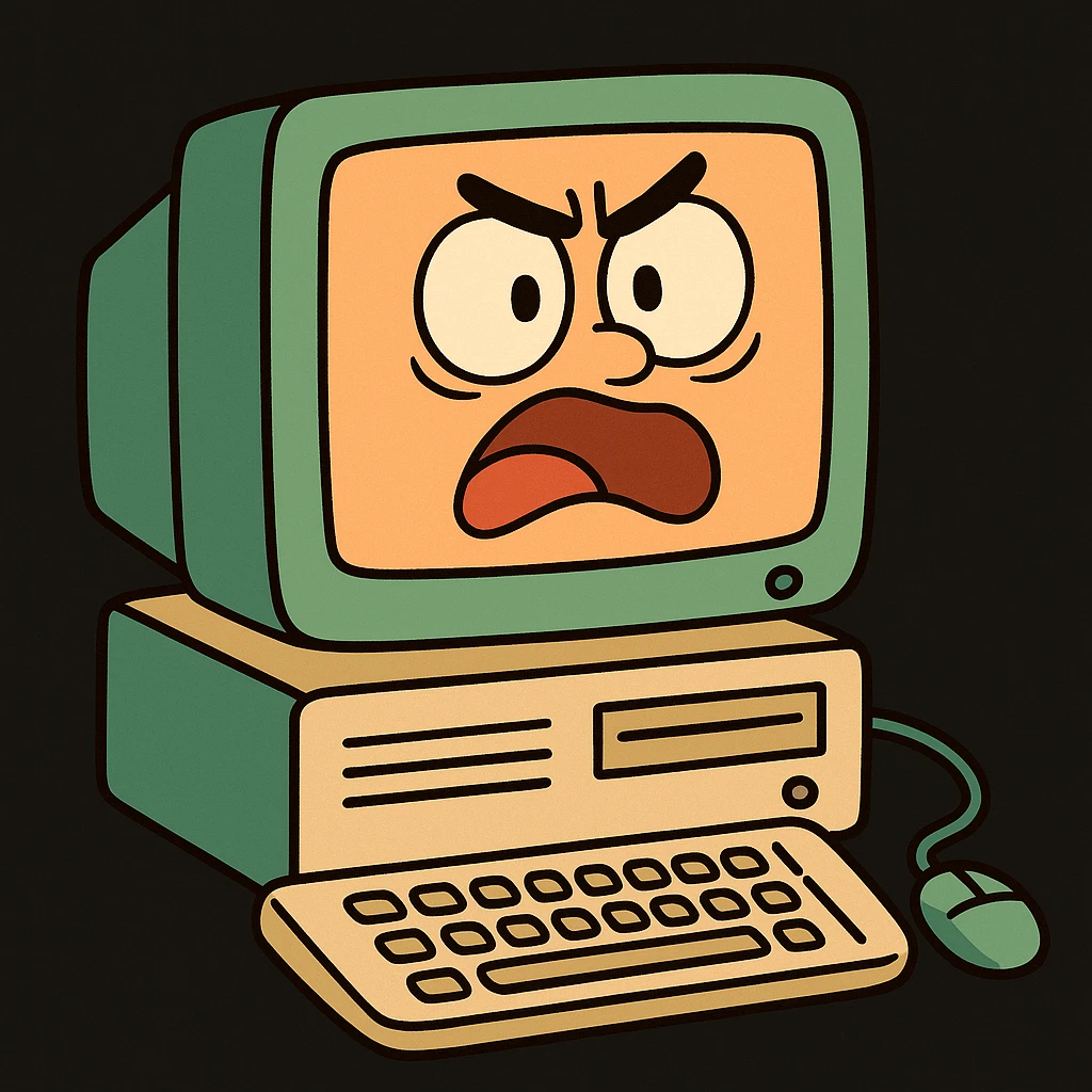 thumbnail of a computer, green and orange colors, black background, cartoon style emoji