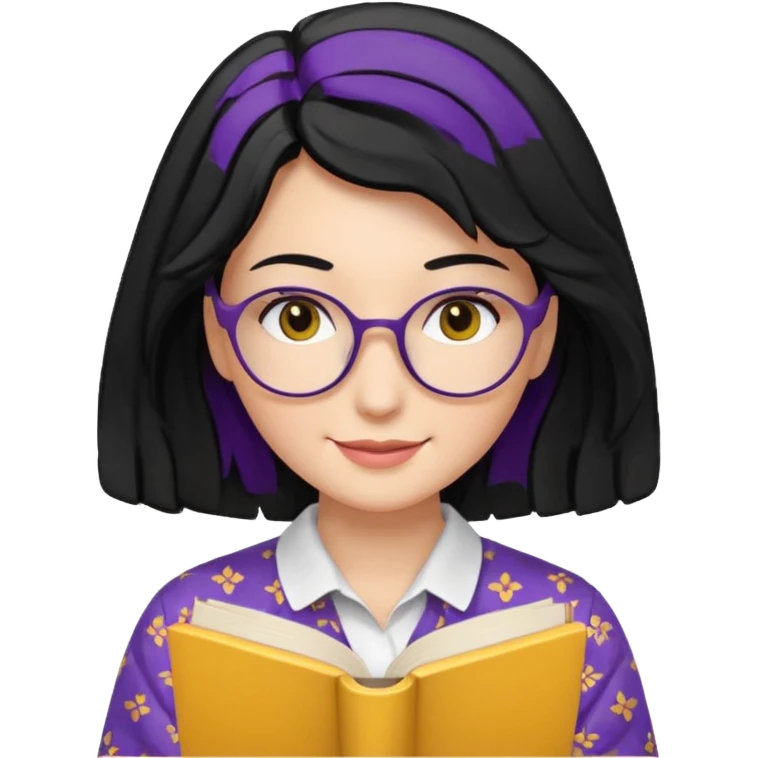 검정머리에 책읽고있는 여자. 해줘. 그리고 그 책으로 얼굴 반은 가린듯한 머리는 약간 파마 앞머리 없고 그리고 너무 무섭게 말고 책 읽는다고 얼굴 반은 가린듯한 책은 흰색에 보라색 노란색 섞여있고. 약간 미소 상의는  흰옷 . 아이폰 이모티콘 형태로 부탁 옷은 하얀색. 그리고 책은 흰색배경에 노란색 보라색 약간의 무늬 emoji