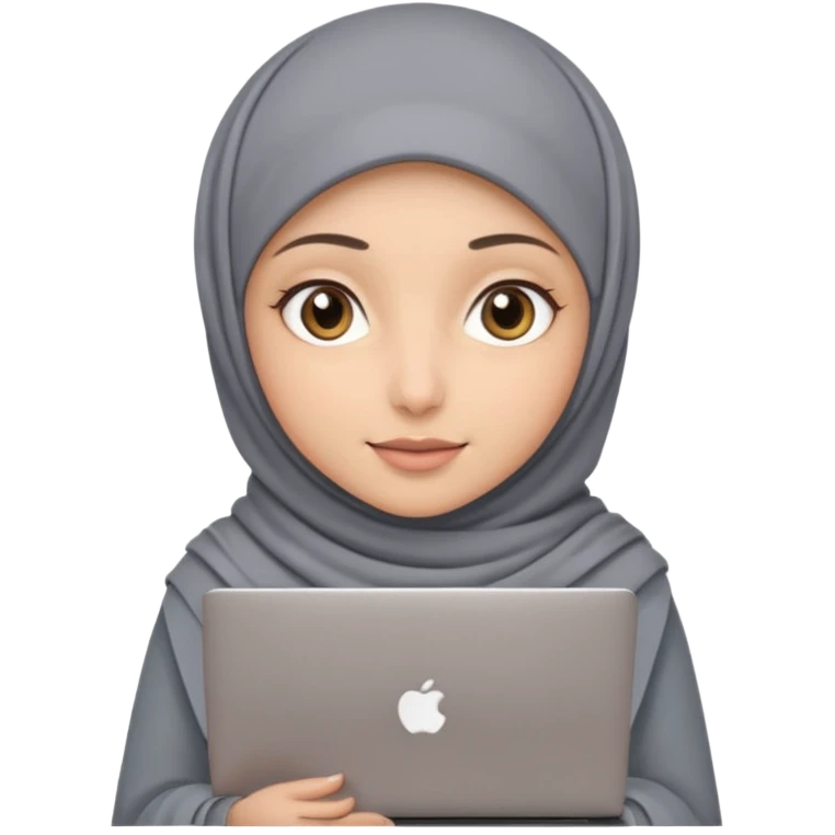 A girl wearing a gray hijab and with hazel eyes is carrying a laptop, not a laptop, just a regular laptop. Not mat bock  emoji