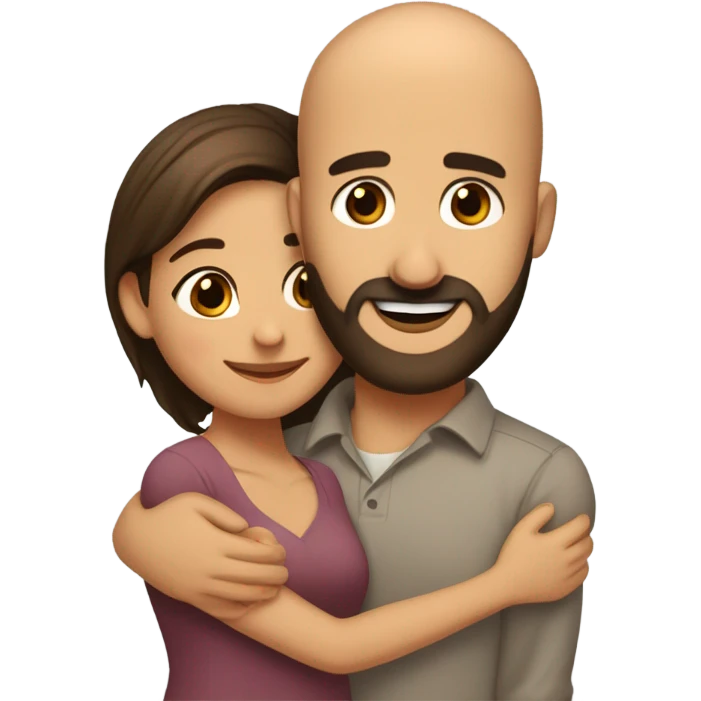Brown-haired Puerto Rican woman with dark brown eyes wearing a cute blouse giving comforting hug to short, bald man with brown eyes, laugh lines, and a beard emoji