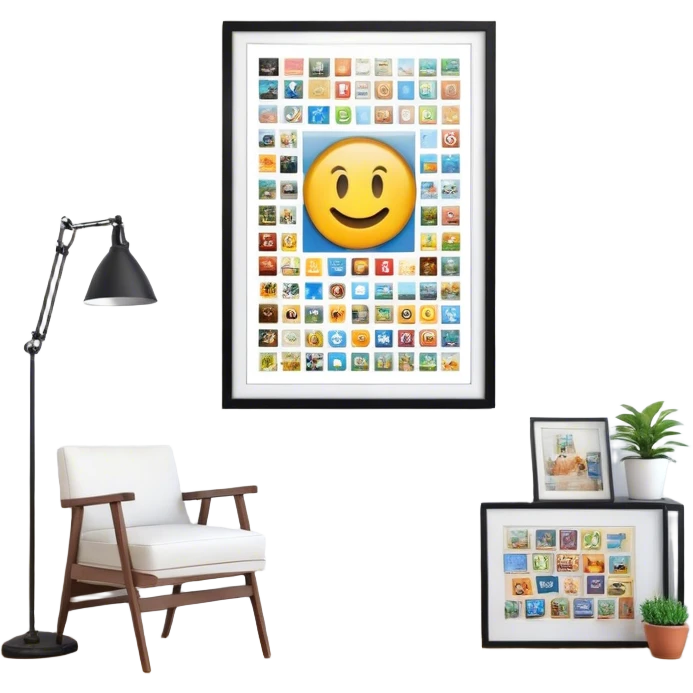 Icon for Photograph and Poster Collecting: a large poster in the center, surrounded by various-sized framed photographs. The icon should capture the charm of collecting photos and posters, arranged artistically on a wall. Transparent background. emoji