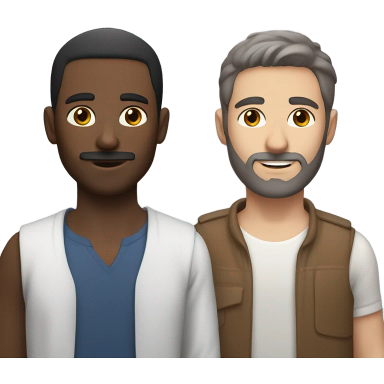 gay couple. One Middle Eastern brown fem guy skinny has mid-long cherry hair, and the other guy is a tall slim white British guy with a light dark beard. Show only the faces emoji