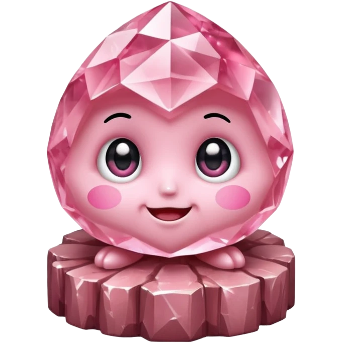 A single cute pink crystal cluster character, chunky round base with many tall rose-pink crystal quartz cluster, faceted and slightly imperfect, on the front of the base a kawaii face with big shiny eyes and a happy open smile very shiny emoji