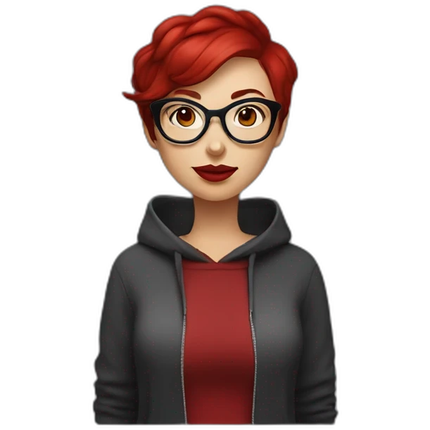 white woman with dark red pixie cut and big red glasses red lips wearing a dark red hoody emoji