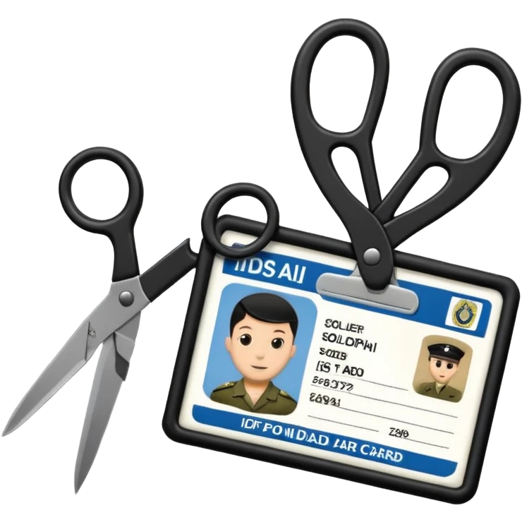 black Scissors cutting an idf soldier ID card in 2 parts .hyper realistic emoji
